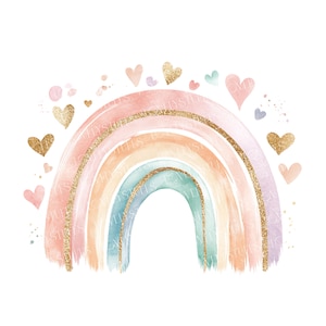 Op de afbeelding: Waterverfillustratie van een regenboog met gouden glitteraccenten en harten. De regenboog heeft pastelkleuren van roze, oranje, geel, blauw en paars. Gouden glitterlijnen langs de randen. Roze en gouden harten omringen de regenboog.