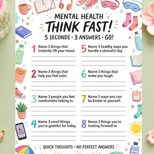 Op de afbeelding: Een werkblad over geestelijke gezondheid getiteld MENTAL HEALTH THINK FAST! 5 SECONDS 3 ANSWERS GO! met acht genummerde vragen en invullijnen. De rand is versierd met kleurrijke illustraties van boeken, schoenen, drankjes en slaapartikelen.