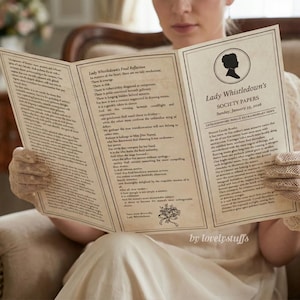 May include: A person holding open a vintage-style newspaper titled "Lady Whistledown's Society Papers." The newspaper has decorative floral elements and text. The date on the paper is Sunday, January 25, 2016.