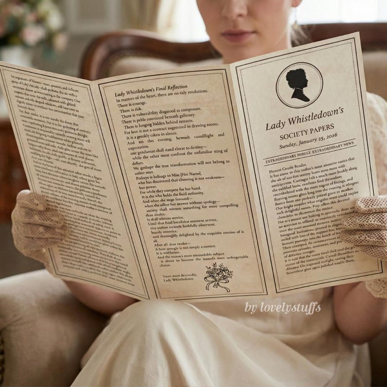 May include: A person holding open a vintage-style newspaper titled "Lady Whistledown's Society Papers." The newspaper has decorative floral elements and text. The date on the paper is Sunday, January 25, 2016.