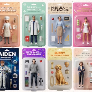 May include: Eight action figures in blister packs, each depicting a different profession or interest. The figures include a chef, doctor, teacher, tennis pro, astronaut, gamer, golden retriever, and real estate agent, with accompanying miniature accessories.
