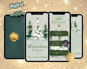 May include: Digital animated Christmas party invitation displayed on smartphones. The design features watercolor Christmas trees, gold stars, and elegant text. The invitation includes party details and RSVP information.