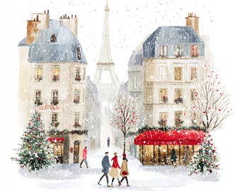May include: Watercolor painting of a snowy Parisian street scene. Buildings with gray rooftops and red awnings line the street. The Eiffel Tower is visible in the background. People are walking in the snow, and Christmas trees are decorated outside.