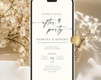 Puede incluir: Una invitación digital en la pantalla de un smartphone. El diseño presenta las palabras "Happily Ever After Party" en una elegante escritura, con los nombres Sabrina & Robert. La fecha es el 25 de diciembre, a las 19:00. El logo de Canva es visible.