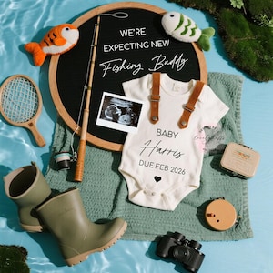 Simple Fishing Pregnancy Announcement Digital Template, Editable Cute Fishing Buddy Pregnancy Announce, Fishing Baby Reveal Social Media.