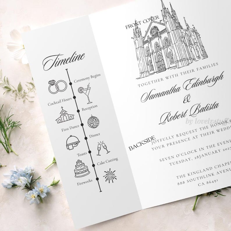 May include: A white wedding invitation with black text and illustrations. The front cover features a cathedral sketch. Inside, a timeline of events is displayed, along with the names Samantha Edinburgh & Robert Batista.