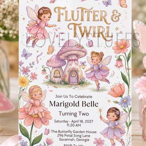 May include: A rectangular invitation card featuring gold text that reads Flutter & Twirl. The design includes four illustrated fairies with wings, two mushroom houses, and various colorful flowers and butterflies on a white background.