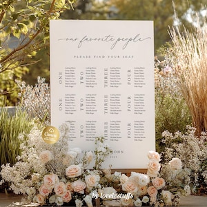 Puede incluir: Un gran plano de asientos rectangular con caligrafía elegante, que dice "our favorite people" y "Please find your seat". El gráfico está rodeado de suaves rosas color rubor y vegetación, perfecto para una boda o evento especial.