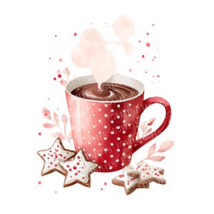Könnte beinhalten: Aquarell-Illustration einer roten Tasse mit weißen Punkten, gefüllt mit heißer Schokolade, Dampf steigt auf. Sternförmige Kekse mit weißem Zuckerguss und roten Streuseln sind neben der Tasse angeordnet, mit dekorativen Blättern und roten Akzenten. Gemütliches, festliches Thema.