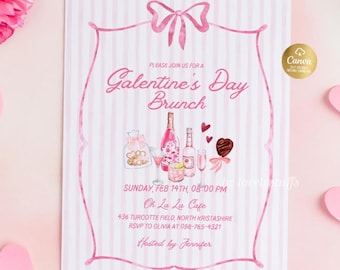 Modello di invito per il brunch del Galentine's Day, fiocco rosa e rosso, modello modificabile, Canva.
