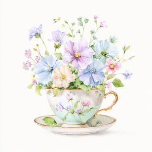 以下が含まれることがあります： パステルカラーの花束が描かれたティーカップとソーサーの水彩画。ティーカップとソーサーには、金色のトリムが付いた繊細な花柄のデザインが施されています。花は青、ピンク、紫、クリーム色です。