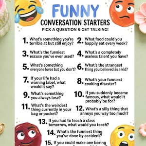 Może przedstawiać: Biała prostokątna karta z tytułem Funny Conversation Starters i podtytułem Pick a question & get talking! Karta zawiera piętnaście numerowanych pytań oraz cztery kolorowe ilustracje emoji w rogach na jasnym zielonym tle.