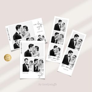 Könnte beinhalten: Schwarz-Weiß-Fotostreifen und Karten mit Hochzeitsfotos eines Paares. Die Karten tragen die Namen "Amelie + Wyatt" und "The Smith" sowie das Datum "25. Januar 2025".