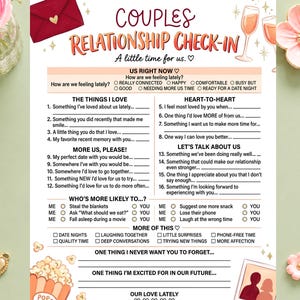 Pode incluir: Uma folha de atividades de verificação de relacionamento para casais com o título Couples Relationship Check-In A little time for us. O documento inclui seções para sentimentos, perguntas de coração para coração, ideias de encontros e caixas de seleção.