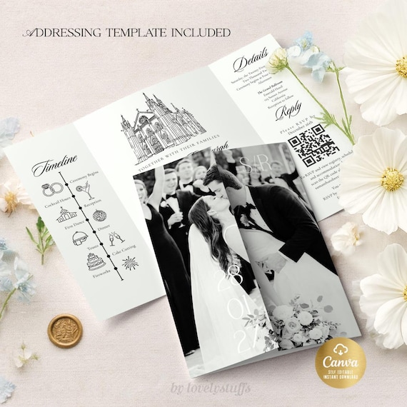 Gatefold Wedding Invitation Template, DIY Invite Template, Editable and Printable, Canva, QR Code.