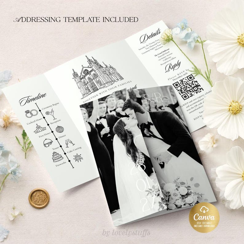May include: A white wedding invitation tri-fold design with a black and white photo of a couple kissing. The invitation includes a timeline, details, and reply section. The text "ADDRESSING TEMPLATE INCLUDED" is at the top.