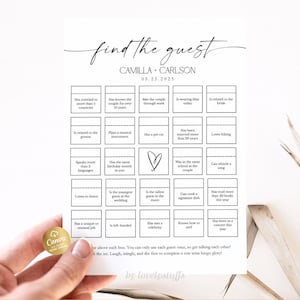 May include: A white card with black text that reads "find the guest" and the names Camilla + Carlson, with the date 05.25.2025. The card has a grid of boxes with prompts like "Has traveled to more than 5 countries."