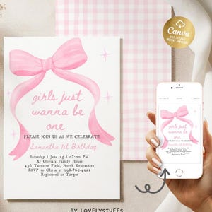 Editable Girls Just Wanna Be One, Birthday Invitation Pink Bow 1st Birthday, First Preppy Coquette, Bow Evite Template Digital, Canva