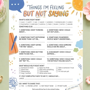 Può includere: Una scheda stampata per la salute mentale intitolata Things I'm Feeling But Not Saying. La pagina presenta un elenco di emozioni, dieci domande numerate per l'autoriflessione, una sezione per le esigenze di supporto e una lista di controllo finale.