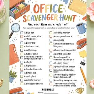 Może przedstawiać: Biała papierowa karta do gry w biurowe podchody z kolorowymi ilustracjami artykułów biurowych. Tekst zawiera nagłówek Office Scavenger Hunt, Find each item and check it off, Race against the clock or work as a team oraz Finished z miejscem na dane.