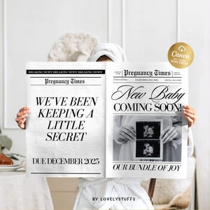 Giornale per l'annuncio di un nuovo bambino, modello di giornale personalizzato per la presentazione della gravidanza per il baby shower, grande giornale per bambini, modificabile