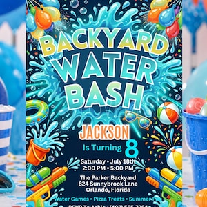 Könnte beinhalten: Eine rechteckige Einladungskarte mit dunkelblauem Hintergrund und dem Text BACKYARD WATER BASH, JACKSON Is Turning 8, Saturday July 18th 2:00 PM 5:00 PM, The Parker Backyard 824 Sunnybrook Lane Orlando, Florida, RSVP To Ashley (407) 555-7284.