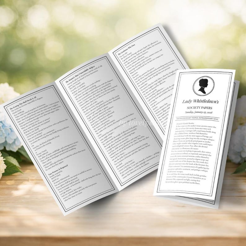 May include: Open brochures with printed text, featuring a silhouette and the title "Lady Whistledown's Society Papers." The brochures are on a wooden surface with a blurred floral background. The text is in black on a white background.