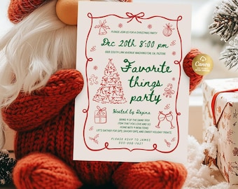 May include: A Christmas party invitation with a red border and festive illustrations. The invitation reads "Favorite things party" and includes details like the date, time, and RSVP information. The invitation is held by a red gnome.