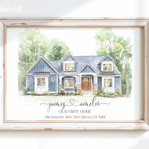 May include: Watercolor painting of a blue house with a white frame. The house has a blue roof and white trim. The text "James & Amelie, Our First Home" is written below the house, along with the address "456 Holiday Way, San Diego, CA 92101".