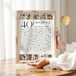May include: A framed print with a collage of photos and a black and white text overlay that reads "40 reasons we love you". The text lists 40 reasons why someone is loved. The print is on a wooden table.