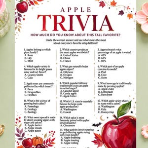 May include: A white paper game sheet titled APPLE TRIVIA with fifteen multiple-choice questions about apples. The design features watercolor illustrations of red apples, orange pumpkins, and autumn leaves, with a score section at the bottom.