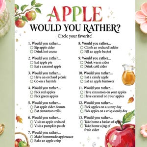 Puede incluir: Una hoja de juego blanca titulada APPLE WOULD YOU RATHER? con trece preguntas numeradas sobre opciones relacionadas con manzanas. El diseño presenta ilustraciones en acuarela de manzanas rojas, hojas verdes, una cesta y una jarra.
