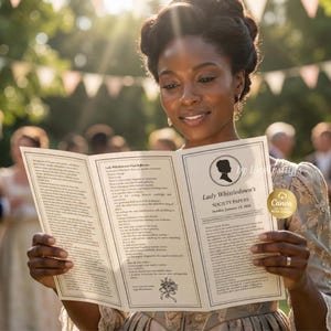 Bearbeitbare Lady Whistledown Canva Vorlage.