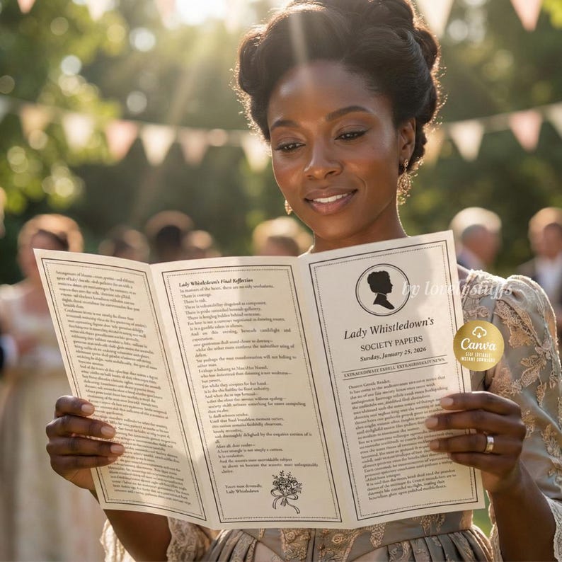 May include: A woman smiles while reading a cream-colored pamphlet. The pamphlet is titled "Lady Whistledown's Society Papers" and includes the date "Sunday, January 25, 2026." The background is blurred, suggesting an outdoor event.