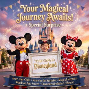 May include: A promotional image for Disneyland featuring Mickey Mouse, Minnie Mouse, and a child holding a sign that reads "We're Going to Disneyland." The background includes a castle, fireworks, and the text "Your Magical Journey Awaits!"