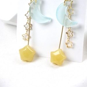 Earrings with moons and stars, constellations, gold, stainless steel, calcite, glass, gold plating blue turquoise yellow gold Stelle Starlight