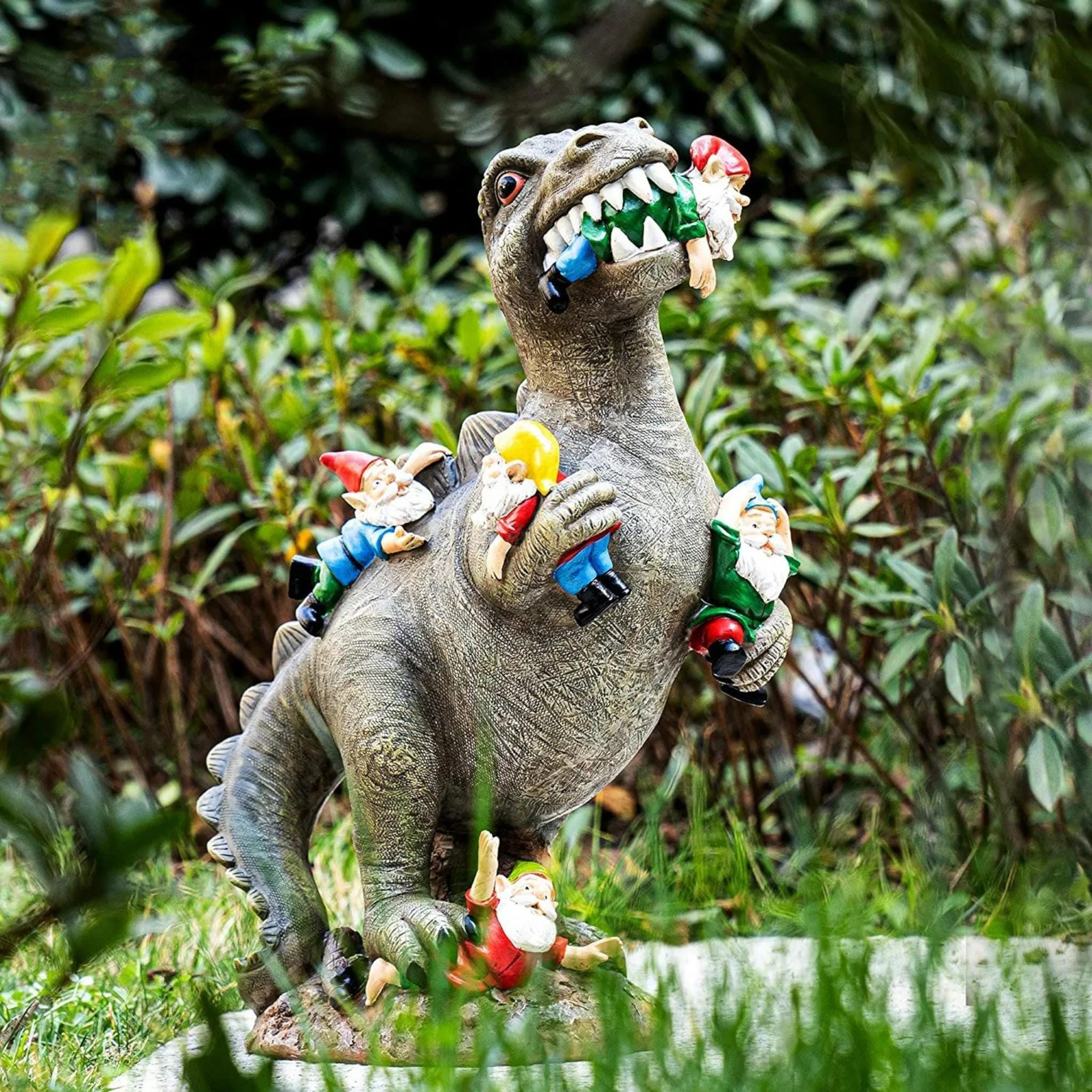 Dinosaur Eating Gnome Statue – Mischievous Resin Garden Decor, Funny Outdoor Figurine, Waterproof Yard Ornament Gift