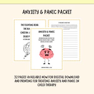 May include: A printable packet for treating anxiety and panic in children. The packet features a cartoon brain with a worried expression and the text "Anxiety & Panic Packet".