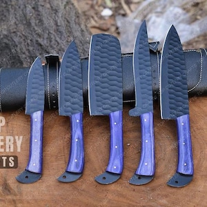 Hand-Forged Damascus Chef Knife Set – Premium 5-Piece Kitchen  BBQ Knives with Resin Handles & Leather Sheath – Perfect Gift for Chefs