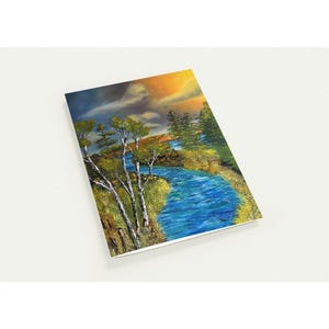Cartes de voeux brillantes enduites de soie - lot de 10 - enveloppes premium - impression d'une peinture à l'huile originale par RPThomas - coucher de soleil sur la rivière Western