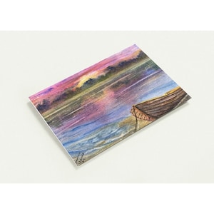 Cartes de voeux brillantes enduites de soie - lot de 10 - enveloppes premium - impression d'une aquarelle originale par RPThomas Coucher de soleil sur un lac avec une barque