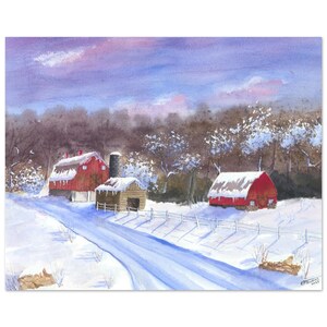 Stampa artistica (3 dimensioni) di acquerello originale di RPThomas - Scena invernale di campagna con fienili rossi - Regalo per gli amanti dell'arte della natura - Regalo per lui/lei