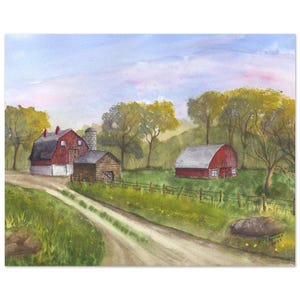Stampa artistica (3 dimensioni) di acquerello originale di RPThomas - Scena estiva di campagna con fienili rossi - Regalo per gli amanti dell'arte della natura - Regalo per lui/lei
