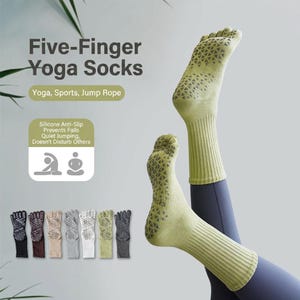 May include: Light green five-finger yoga socks with silicone anti-slip grips. The socks are designed for yoga, sports, and jump rope activities. The image also shows a variety of colors available, including black, brown, gray, and white.