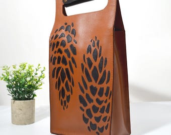 Tan And Black Leather Wine Bottle Holder with Hand Patchwork  Unique Gift for Him