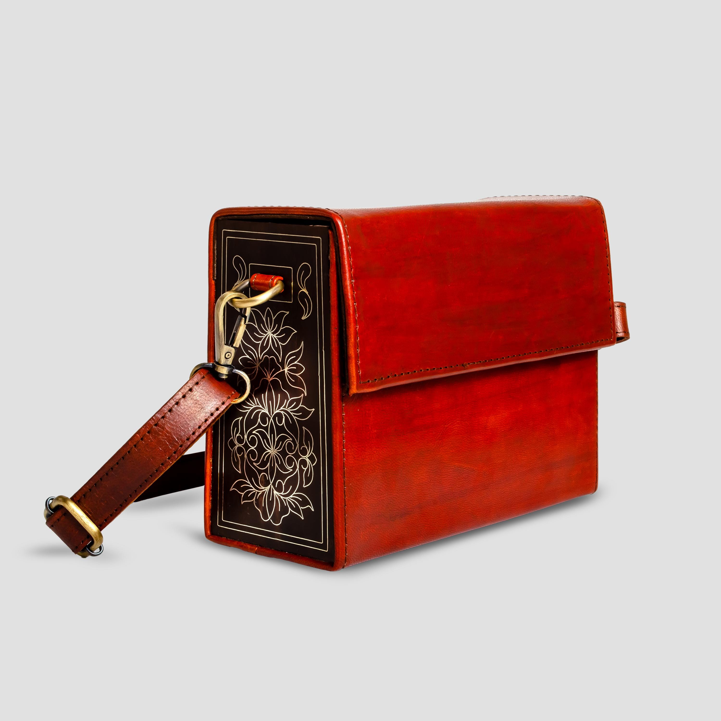 Handmade Orangish Black Leather & Wood Metal Inlay Crossbody Bag  Genuine Leather Bag  Gift for Her