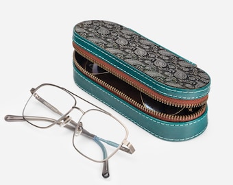 Handmade Green Carved Wood & Leather Glass Case  Mystical Ancient Floral Design  Hard Glass Case  Gifts for Him