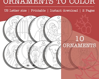 May include: Ten black and white printable Christmas ornament designs featuring religious figures and scenes. The designs are ready to be colored.