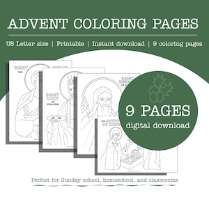Puede incluir: Nueve páginas para colorear en blanco y negro con figuras religiosas y escenas de la temporada de Adviento. Las páginas incluyen a Santa Lucía de Siracusa, San Herman de Alaska y la Natividad de Cristo. El texto "9 PÁGINAS descarga digital" está en un círculo verde.