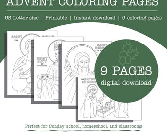 May include: Nine black and white coloring pages featuring religious figures and scenes from the Advent season. The pages include Saint Lucy of Syracuse, Saint Herman of Alaska, and the Nativity of Christ. The text "9 PAGES digital download" is in a green circle.